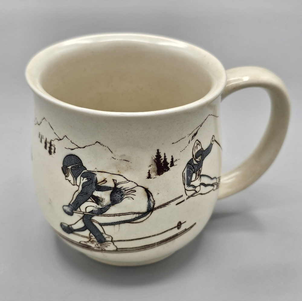 Vintage Skiing Slopes Mug Speckled Cream Gray Cup Winter Aspen Mountains Rare